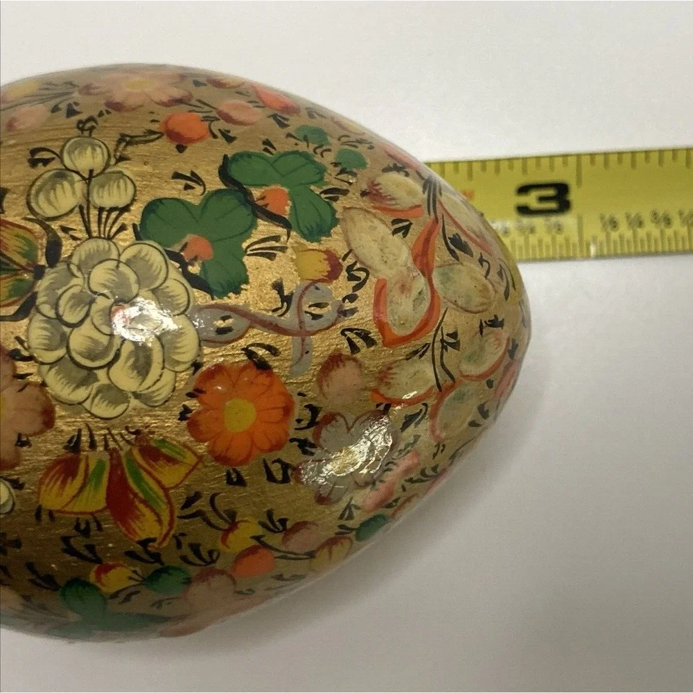 Vintage Hand Painted Lacquer Trinket Box Gold Metallic Floral Egg Shape Easter